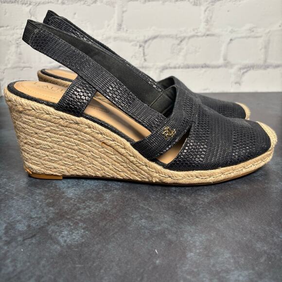 Lauren Ralph Lauren Penelopie Wedge Espadrille Sandals Black Size 10 - Picture 2 of 8